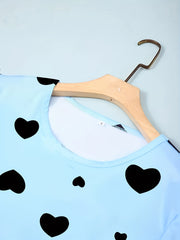 Heart Print Pajama Set Short Sleeve Top & Long Pants Women's Loungewear