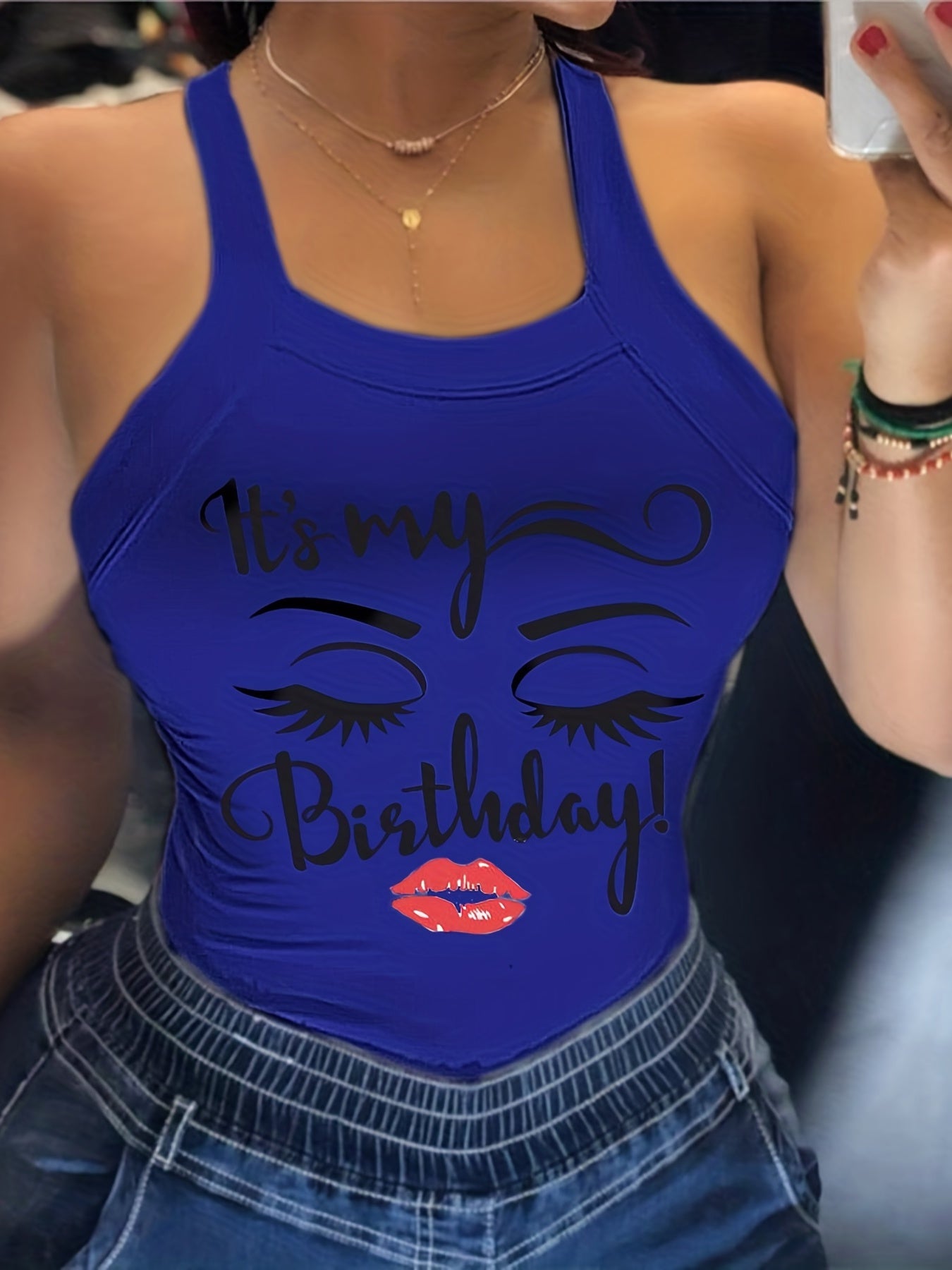 Figure & Letter Print Cami Top Sexy Back Bow Slim Spaghetti Strap Top