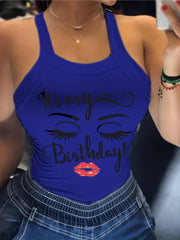Figure & Letter Print Cami Top Sexy Back Bow Slim Spaghetti Strap Top