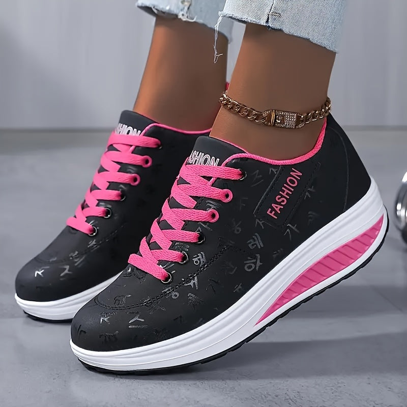 Women's Letter Pattern Non slip Chunky Sneakers Lace up Walking Shoes