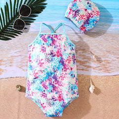 Girls Tie Dye Print One Piece Swimsuit Strappy Back Swimwear