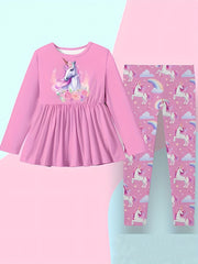 Cartoon Unicorn Print 2pcs Girls Pullover Pants Set