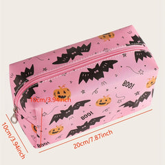 Halloween Pumpkin & Bat Print Makeup Bag Roomy Zipper Pouch