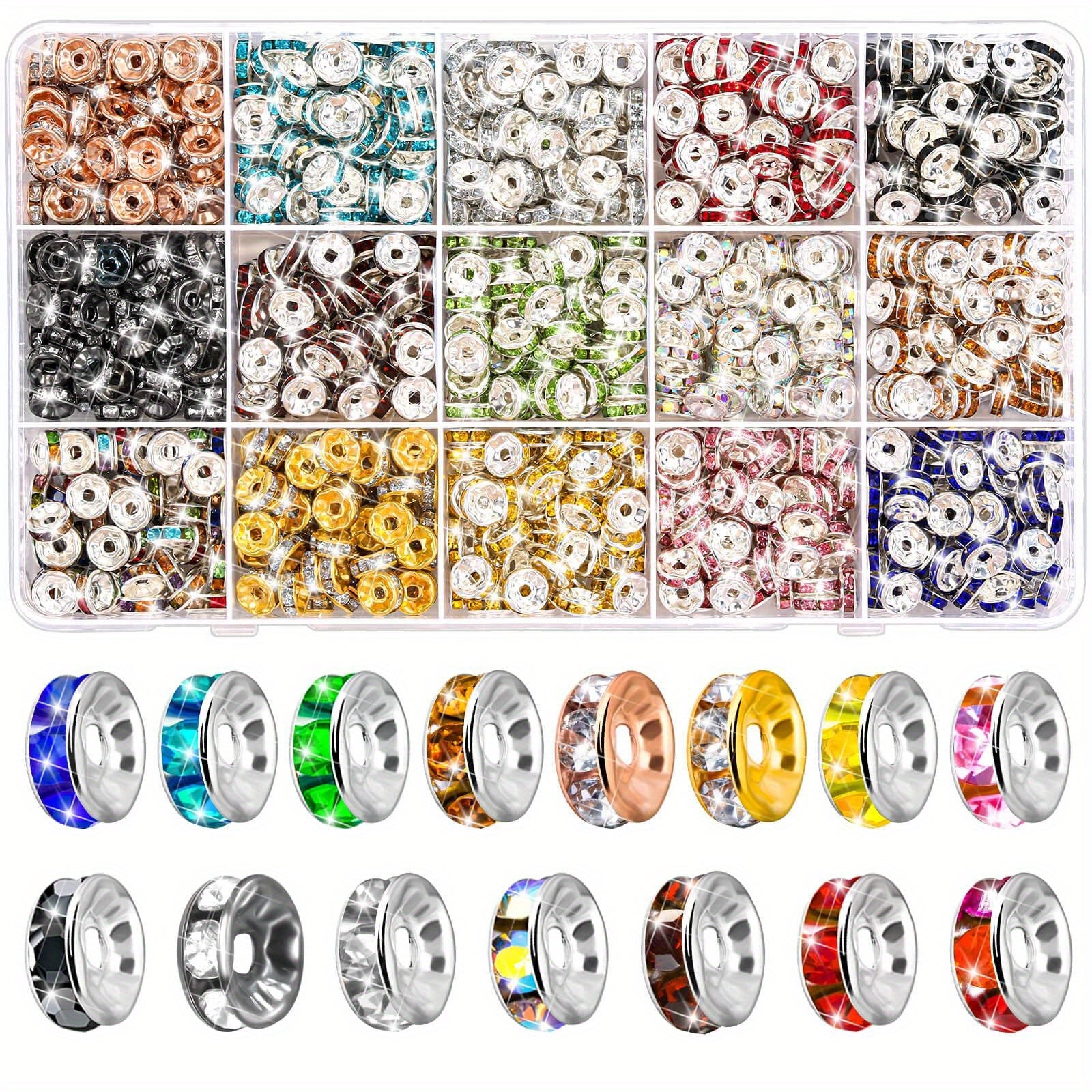 900pcs 8mm Rhinestone Spacer Beads 15 Colors