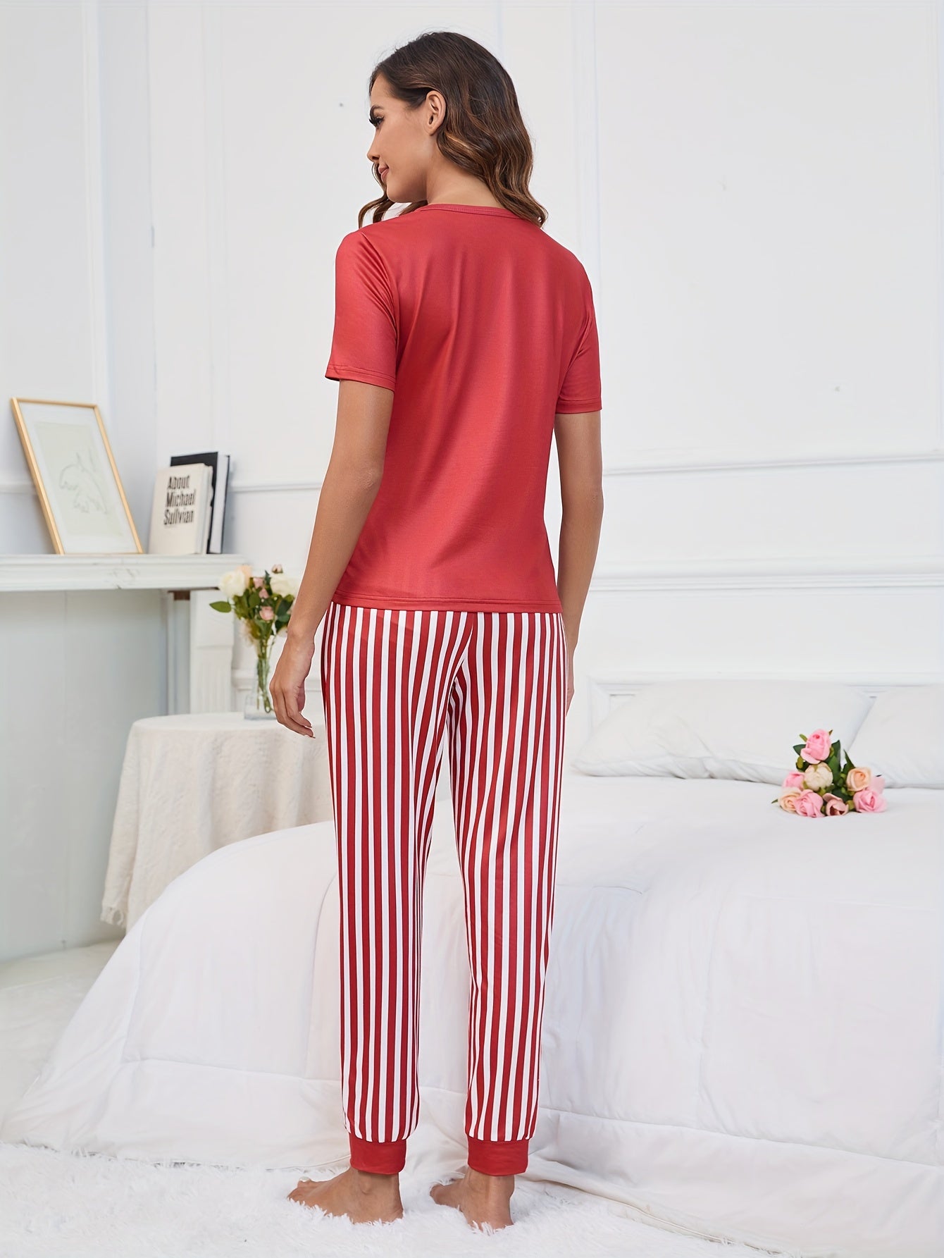 Heart Print Lounge Set Short Sleeve Crew Neck Top & Striped Pants