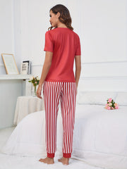 Heart Print Lounge Set Short Sleeve Crew Neck Top & Striped Pants
