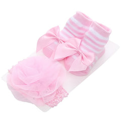Baby Girls Bow Flowers Decor Sock & Headband Set For Infants