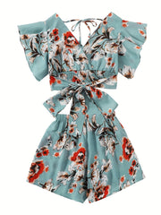 Vintage Floral Print 2pc Set V Neck Ruffle Trim Tops & Elastic Waist Shorts