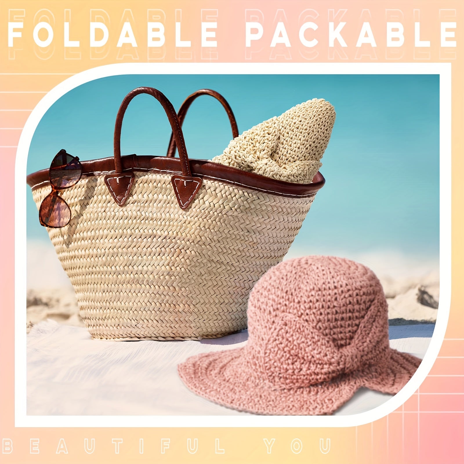 Crochet Straw Sun Hat Wide Brim UV Protection Bucket Hat