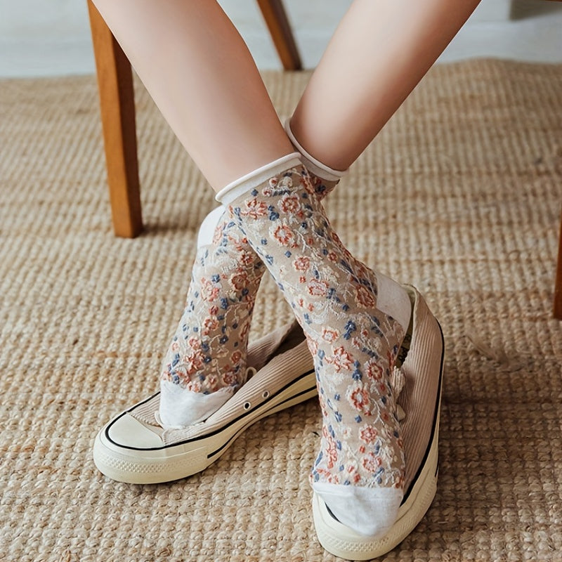 5 Pairs Floral Print Curling Socks Women's Mid Tube Stockings
