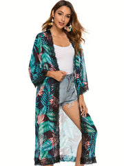 Tropical Floral Leaf Print Chiffon Cover Up 3/4 Sleeves Sun Protection Beach Cov