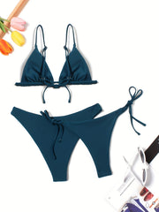 V Neck Spaghetti Straps Bikini Set Ruched High Cut Swimsuit 3 Piece Set