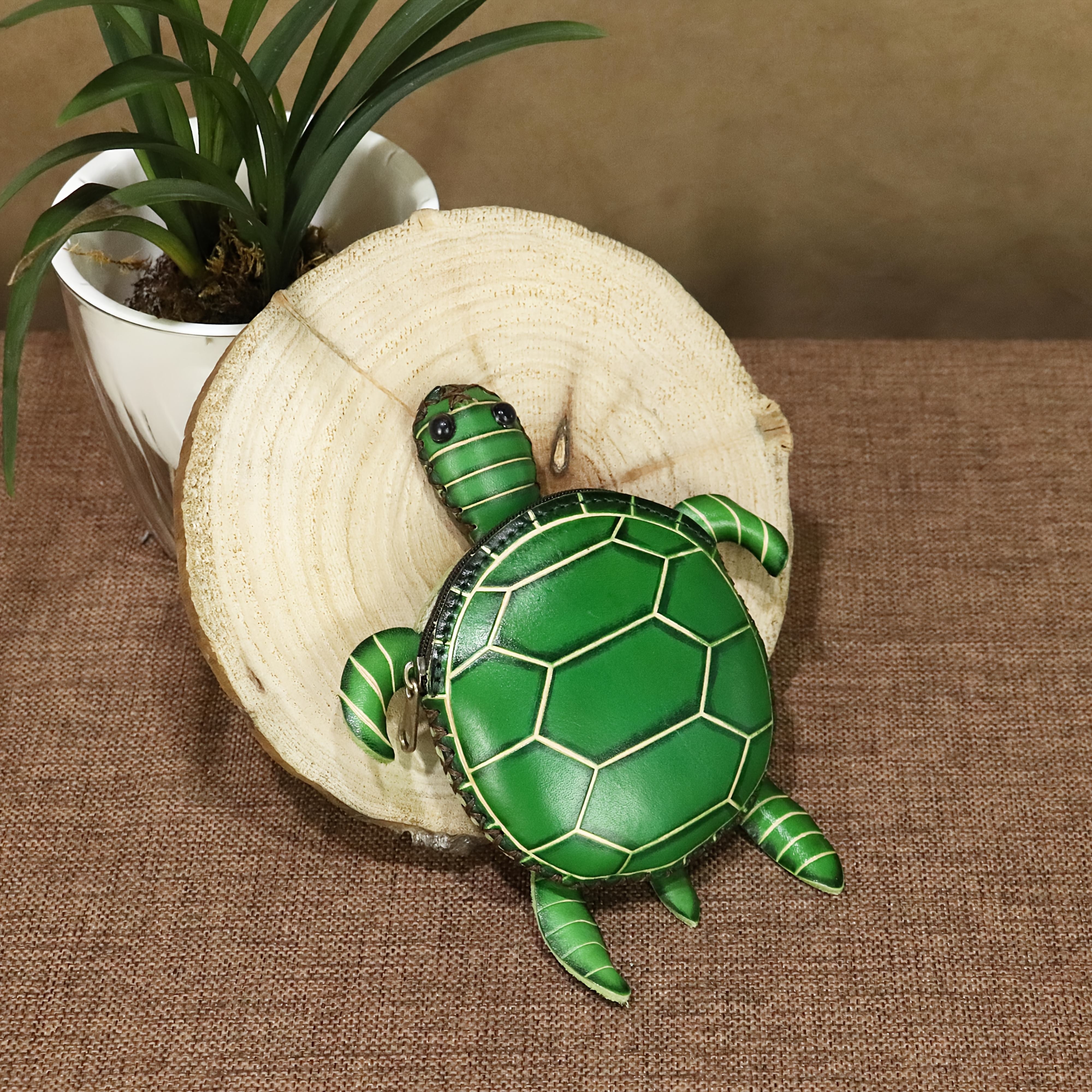 Handcrafted Tortoise Purse Wallet with Wrist Strap Zipper Closure Coin Purse