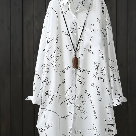 Letter Print Button Up Long Sleeve Blouse