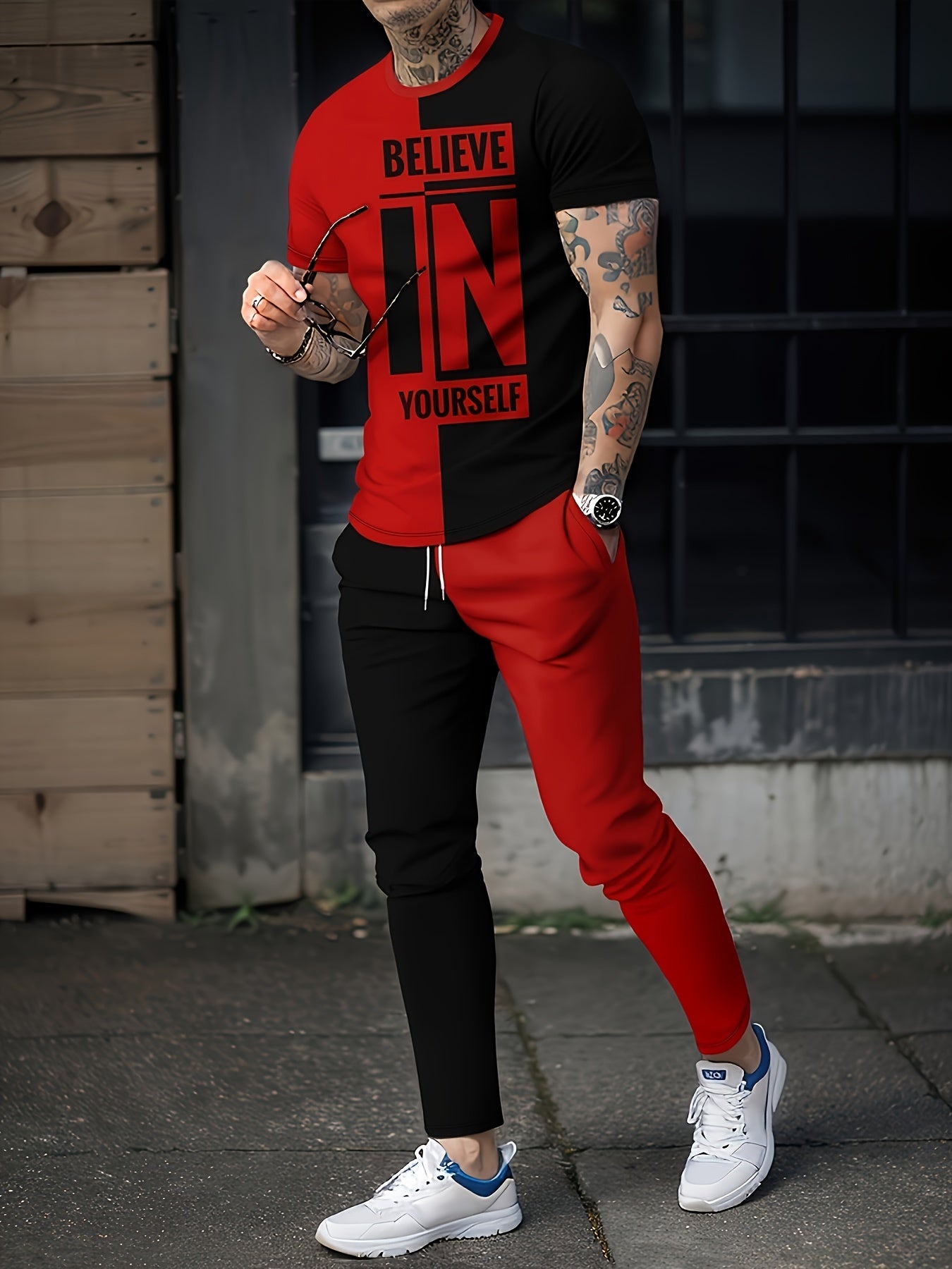 Ethnic Style Men's 2-Piece Outfits Short Sleeve T-shirt And Drawstring Pants