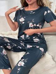 Floral Print Plus Size Lounge Set Tee & Pants Pajamas