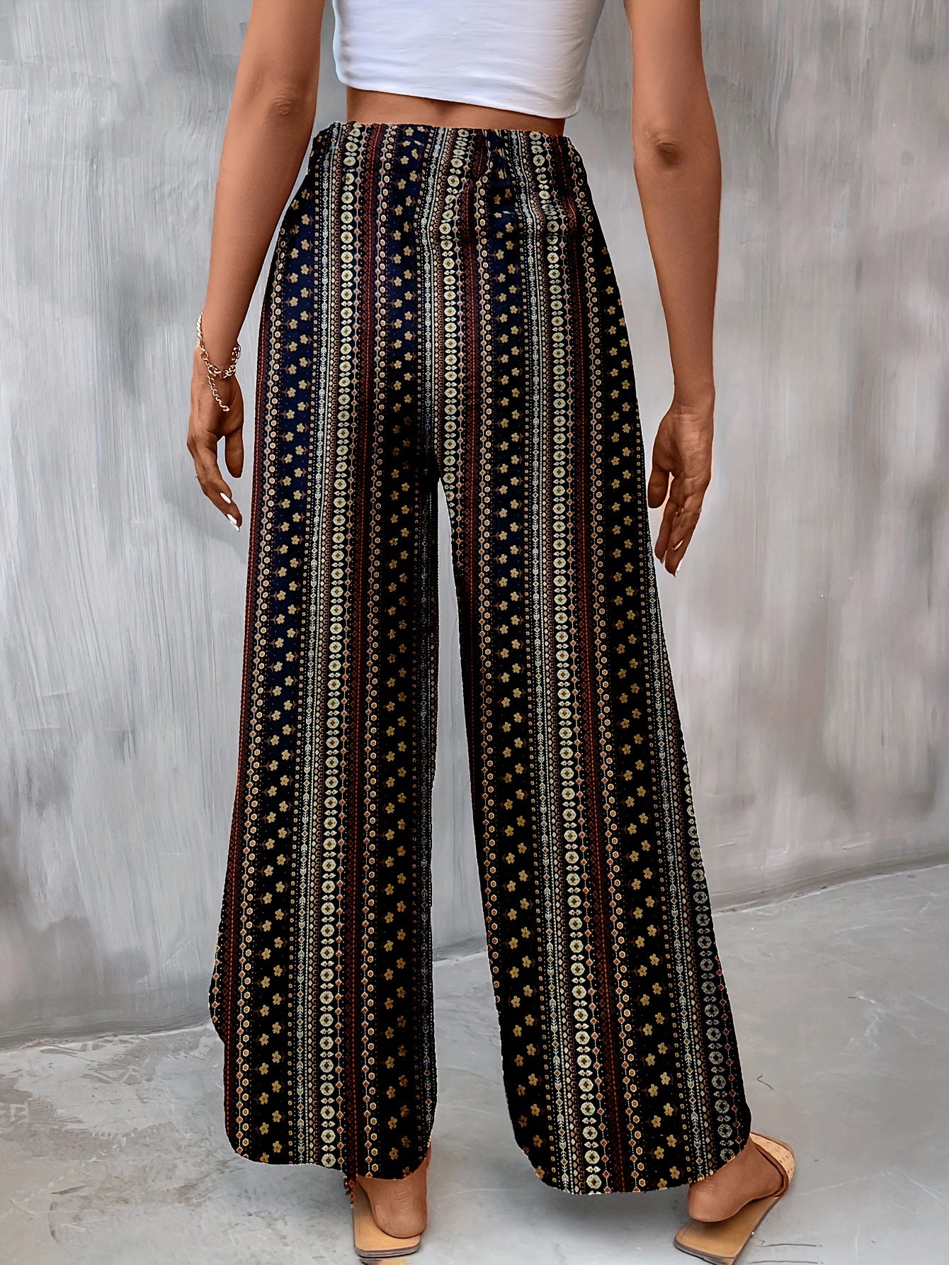 Tribal Print Wide Leg Pants Elastic Waist Casual Pants