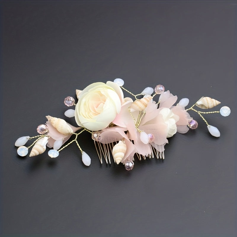 Pink Silk Flower & Shell Hair Comb, Bridal Jewelry