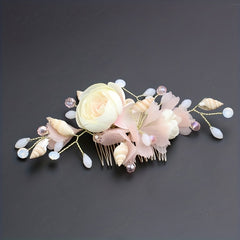 Pink Silk Flower & Shell Hair Comb, Bridal Jewelry