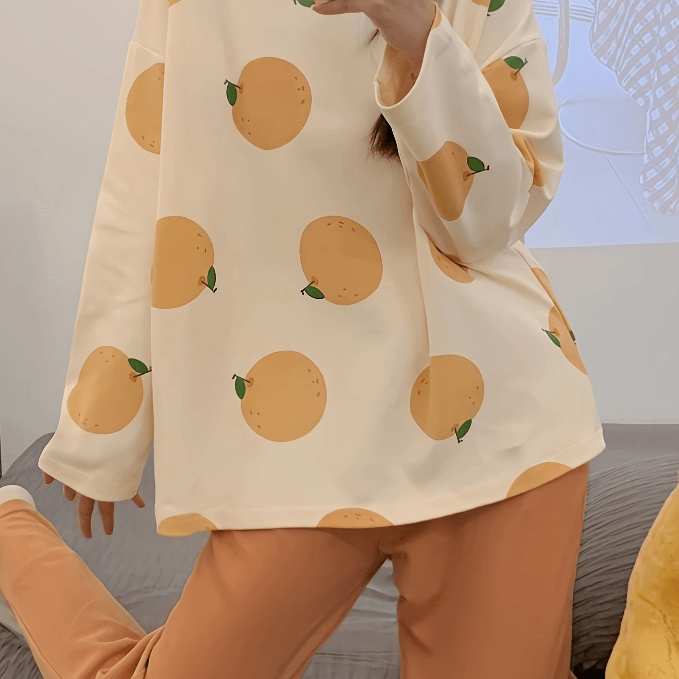 Fruit Print Pajama Set Long Sleeve Top & Pants Women's Sleepwear