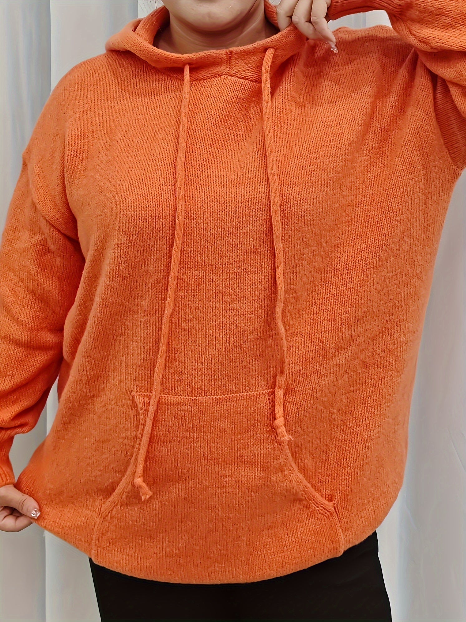 Plus Size Solid Hooded Drawstring Sweater With Pockets