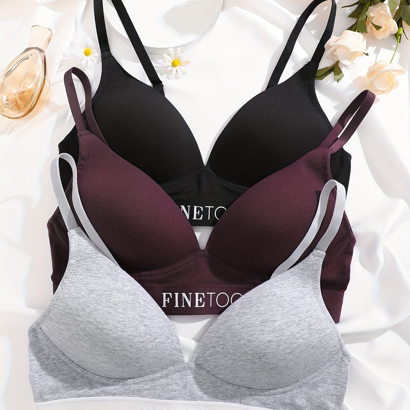 3pcs Letter Print Push Up Bras Comfy & Breathable Intimates Bra
