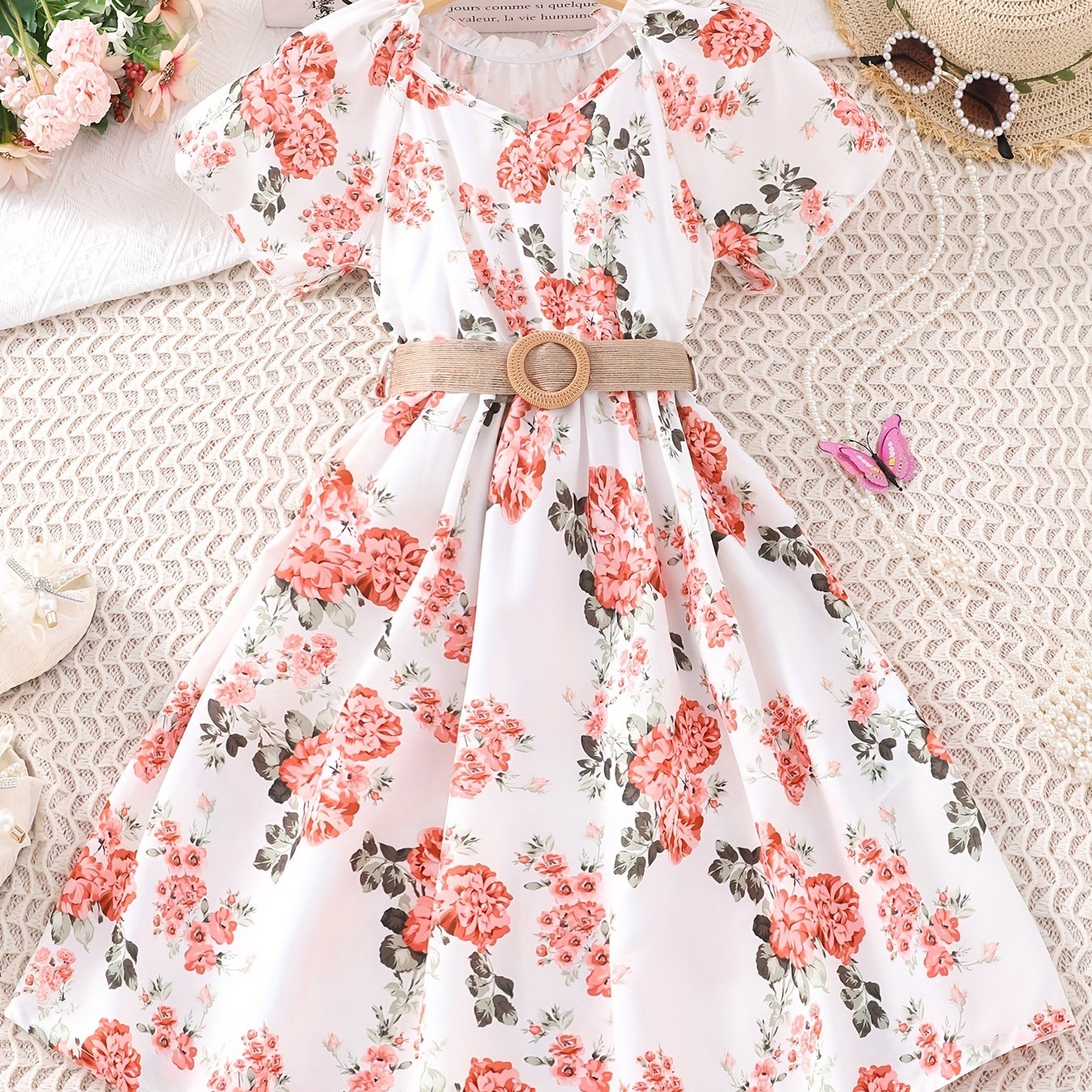 Girls Boho Floral Casual Dress With Belt V-Neck Flying Sleeve for Party