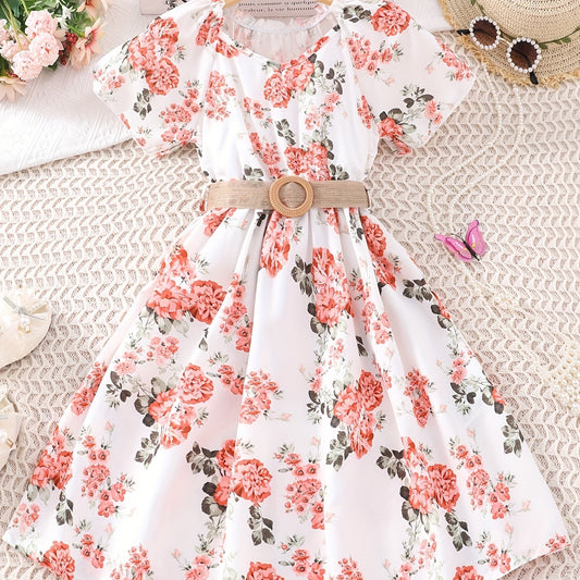 Girls Boho Floral Casual Dress With Belt V-Neck Flying Sleeve for Party