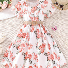 Girls Boho Floral Casual Dress With Belt V-Neck Flying Sleeve for Party