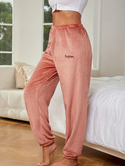 Letter Embroidery Lounge Pants Warm & Soft Fuzzy Elastic Waistband
