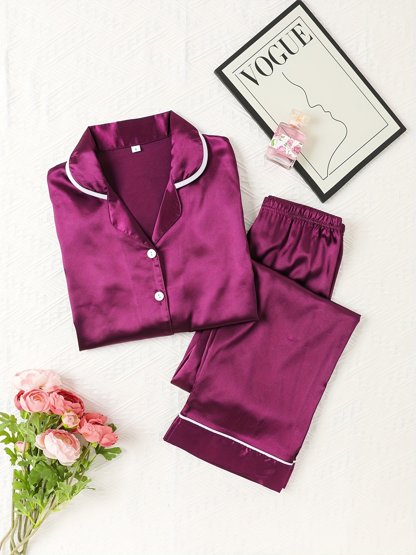 Satin Pajama Set Long Sleeve Top & Pants Women's Sleepwear
