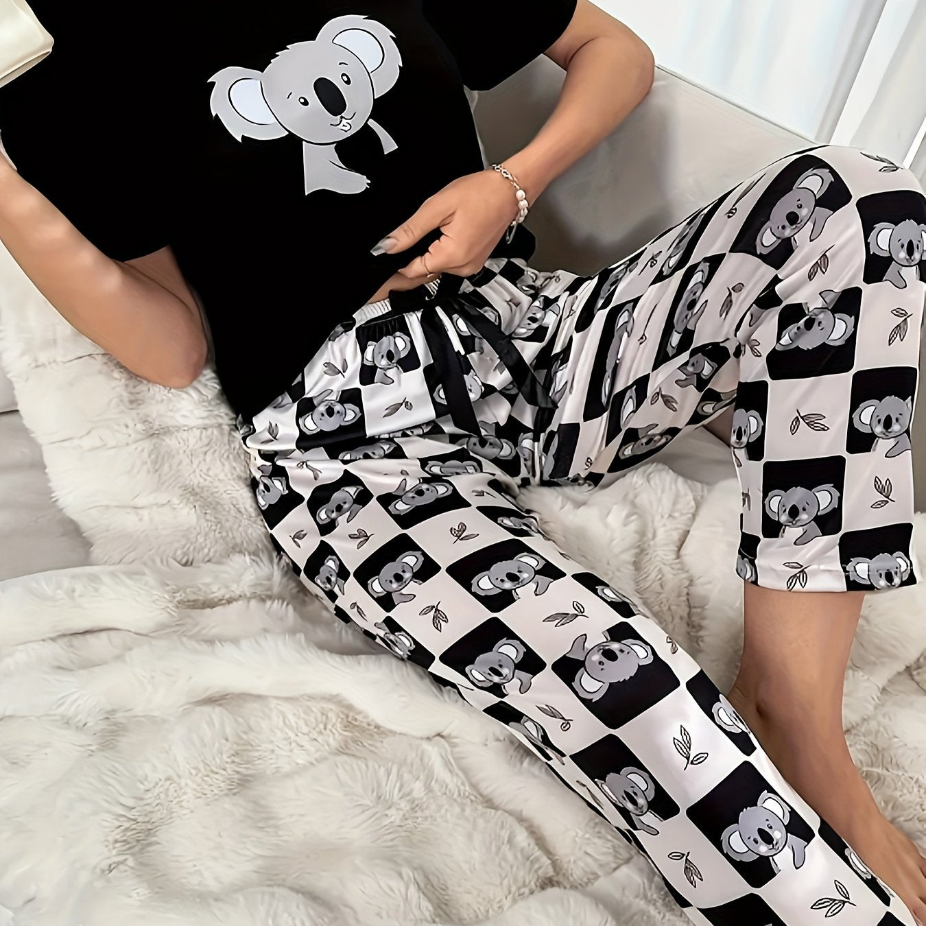 Koala & Checkered Print Tee & Pants Lounge Set