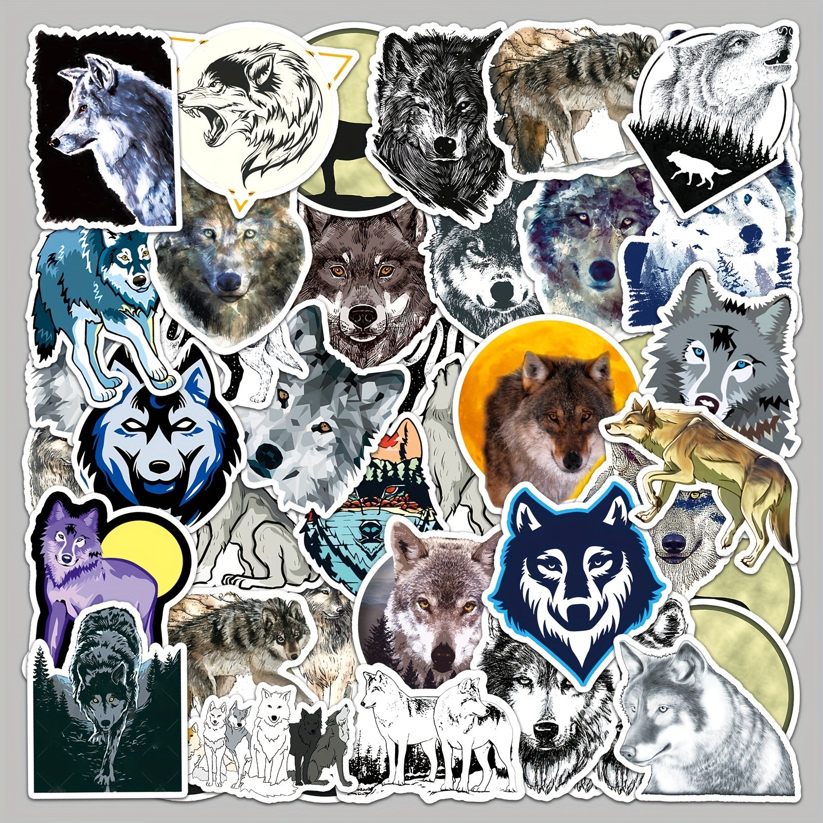 50pcs Wolf Pattern Waterproof Stickers for Water Bottles Laptops Scrapbooks