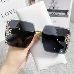 Rhinestone Rimless Sunglasses for Women Gradient UV400 Sun Shades