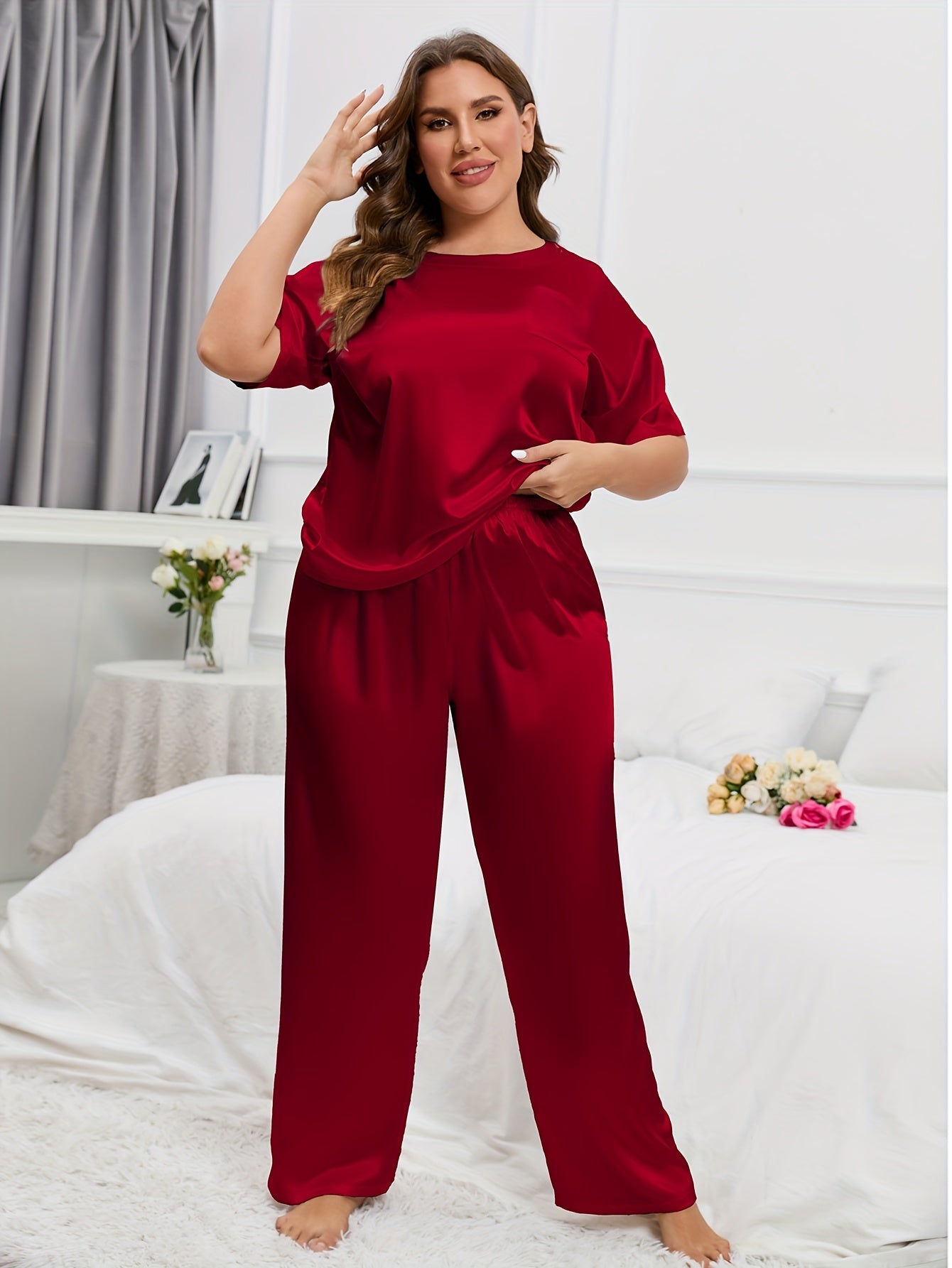 Satin Lounge Set Short Sleeve Top & Pants Pajamas