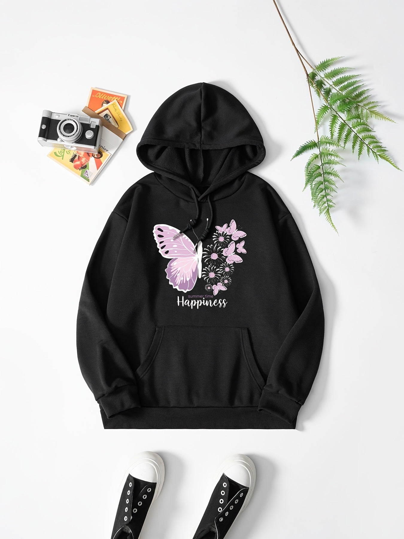 Butterfly & Flower Print Hoodie Casual Sweatshirt