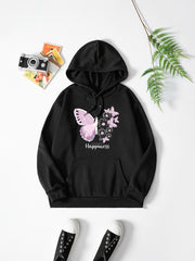 Butterfly & Flower Print Hoodie Casual Sweatshirt