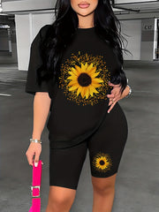 Sunflower Print Lounge Set Short Sleeve Top & Shorts Women's Loungewear