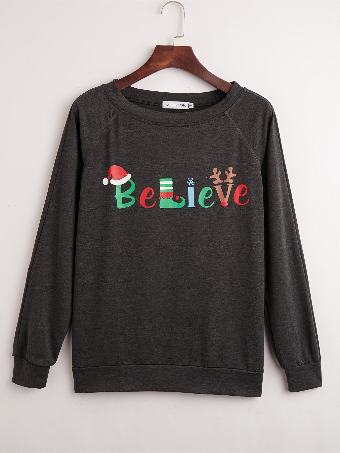 Letter Print Solid Crew Neck Sweatshirt Women's Clothing