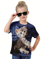3D Cat Graphic Short Sleeve T-shirt Breathable Pullover Tops