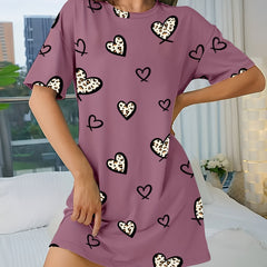 Heart Print NightDress Short Sleeve Crew Neck Pajama Dress Women