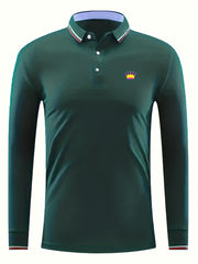 Crown Print Men's Lapel Polo Shirt Casual Stretch Button Up