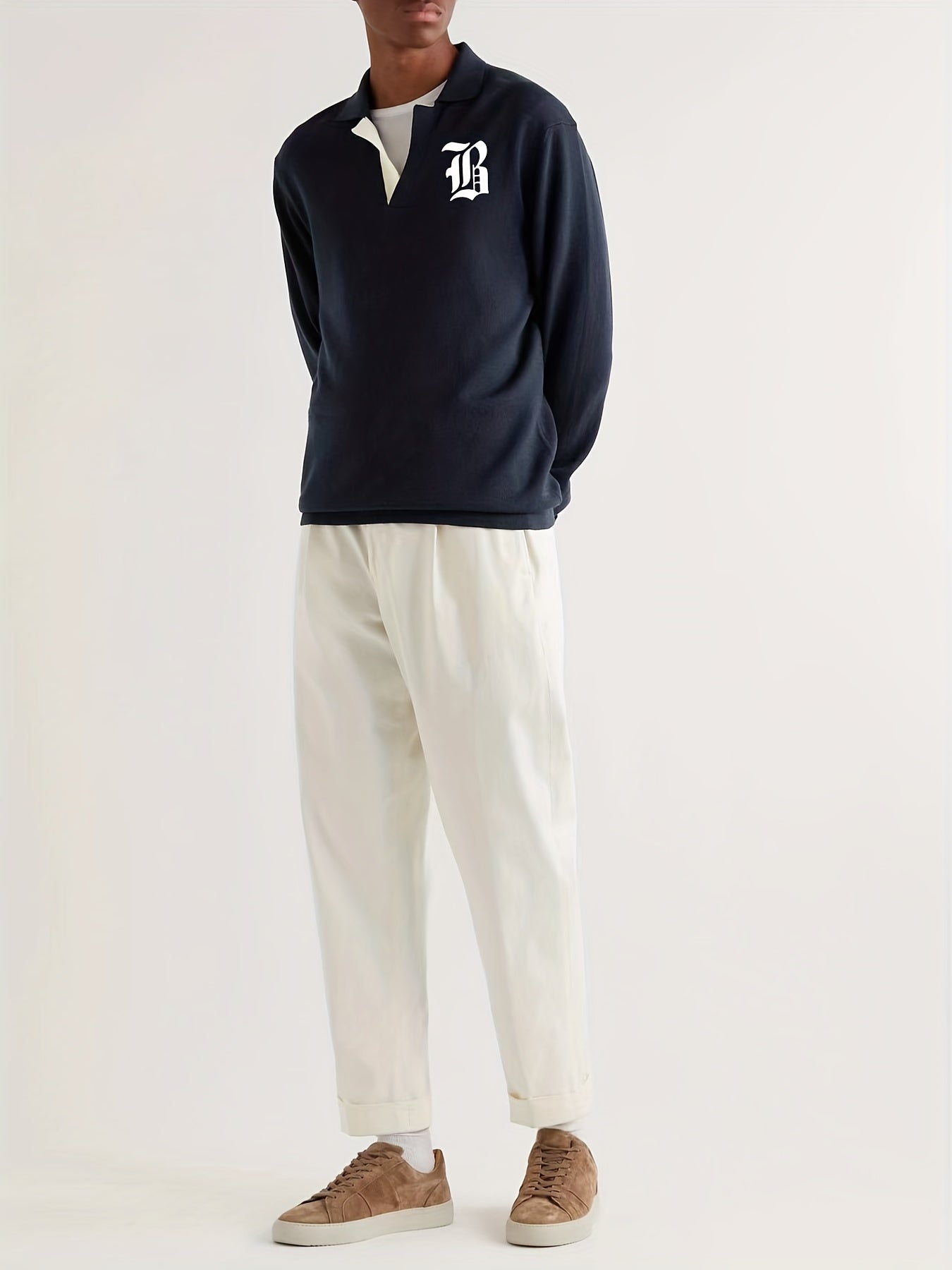 Men's R Pattern Knit Polo Shirt Casual Stretch V Neck Sweater