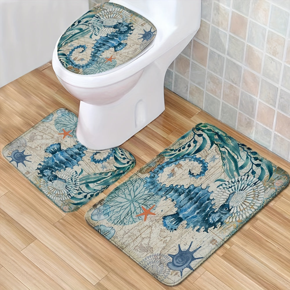 Seahorse Shower Curtain Set with Bathroom Rug and Hooks