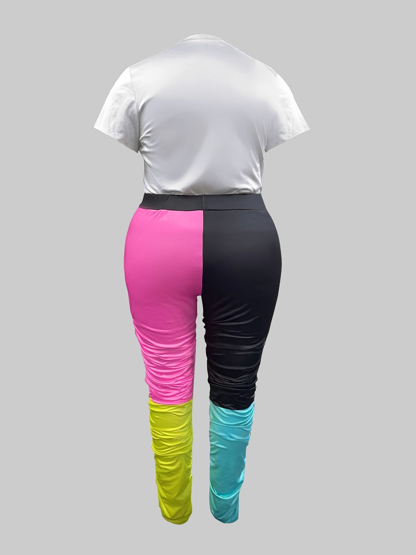 Women's Art Print Top & Colorblock Ruched Pants Outfit Set