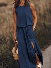 Split Solid Dress Casual Crew Neck Sleeveless Blouson Dress