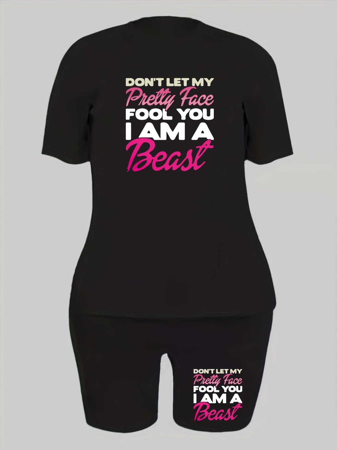 Slogan Print Tee & Biker Shorts Set