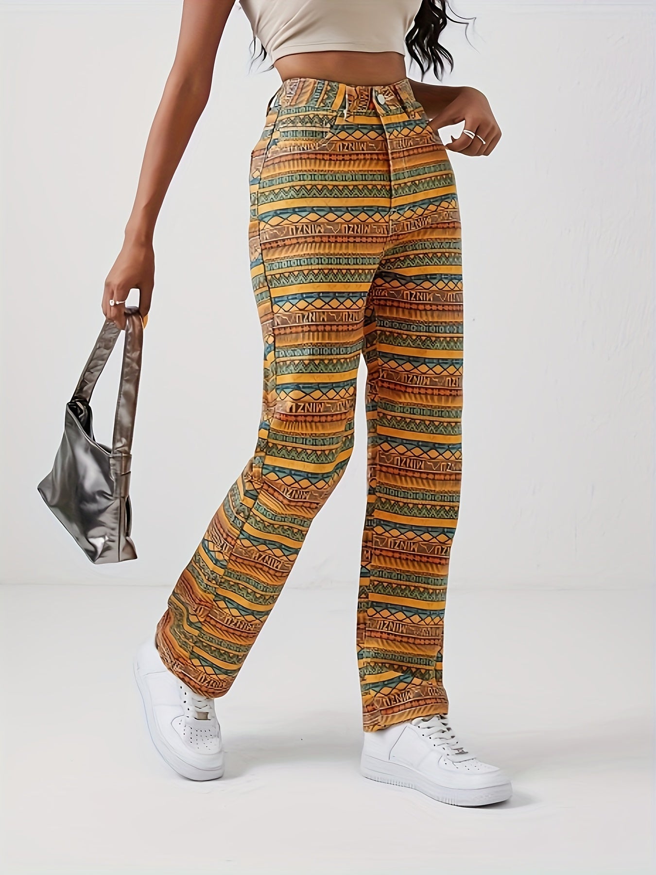 Geometric Striped Print Straight Jeans Loose Fit Non Stretch