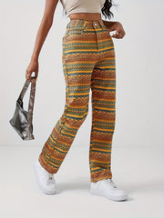 Geometric Striped Print Straight Jeans Loose Fit Non Stretch
