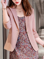 Solid Button Front Blazer Lapel Roll Up Sleeve Blazer